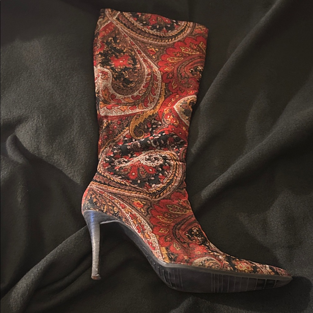 Bronx Red and Black Paisley Heeled Boots